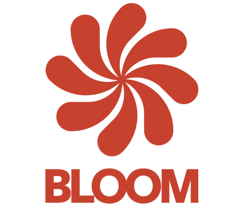 Stylized red flower logo with the word 'BLOOM' in bold red letters underneath