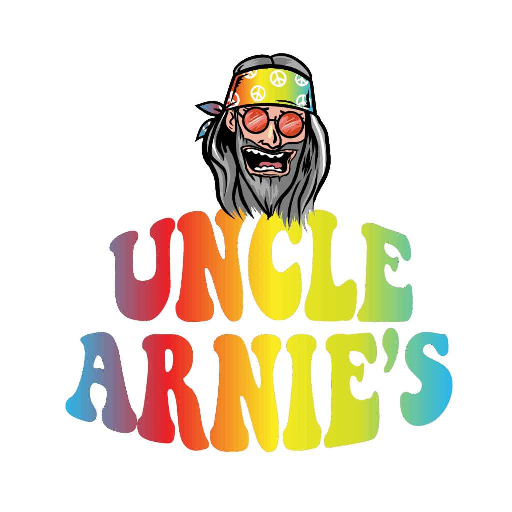 Uncle Arnie’s logo with colorful rainbow lettering and a cartoon character wearing sunglasses and a peace symbol headband