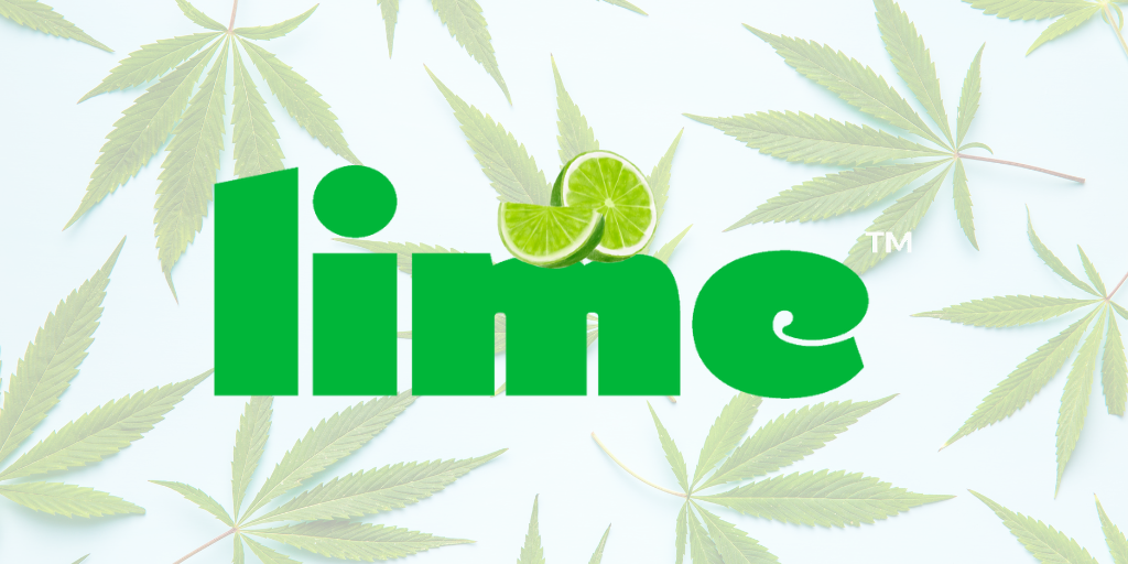 Lime brand logo in green lettering with lime slices, set against a background of cannabis leaves.