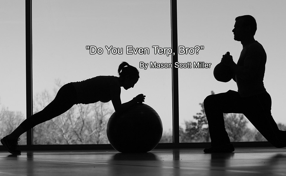 Black-and-white silhouette of two people exercising with fitness balls in a gym, overlaid with the text Do You Even Terp, Bro? by Mason Scott Miller.