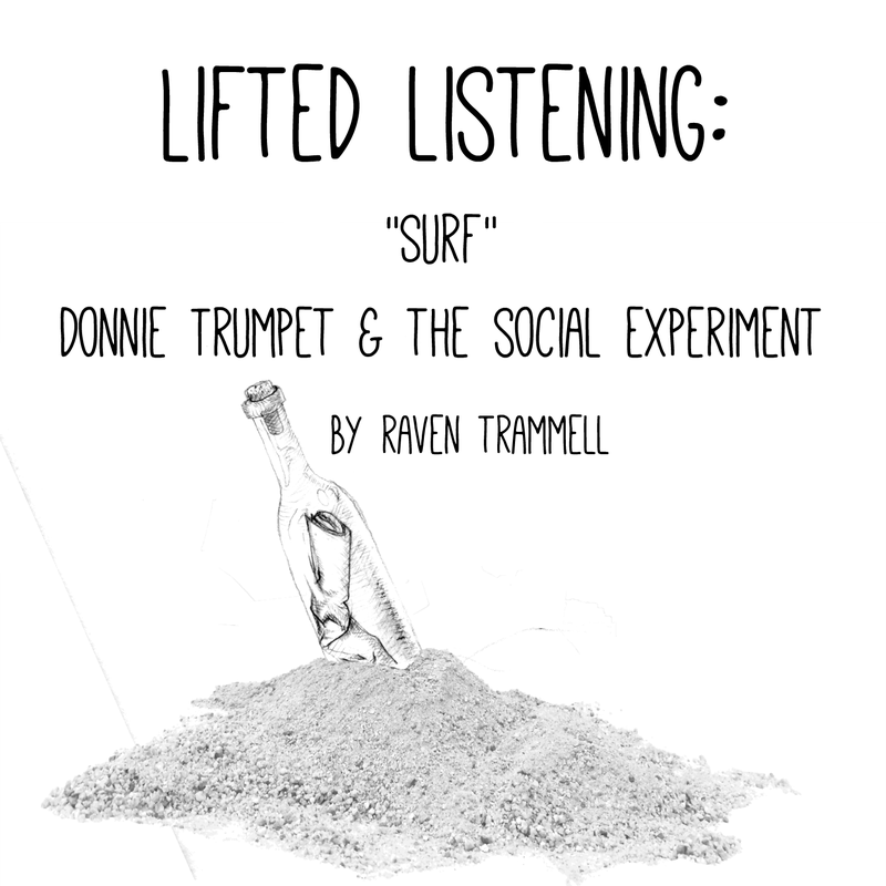 Minimalist graphic with a hand-drawn bottle partially buried in sand and text reading Lifted Listening: ‘Surf’ Donnie Trumpet & The Social Experiment by Raven Trammell.