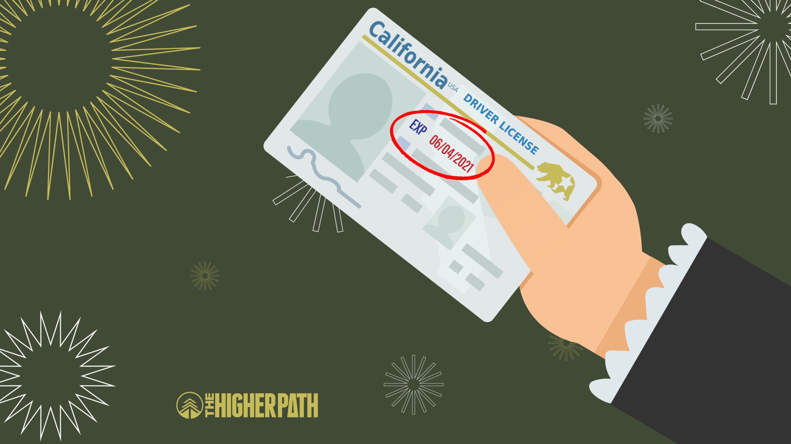 Illustration of a hand holding a California driver’s license with the expiration date circled in red, set against a green background with decorative starburst graphics.
