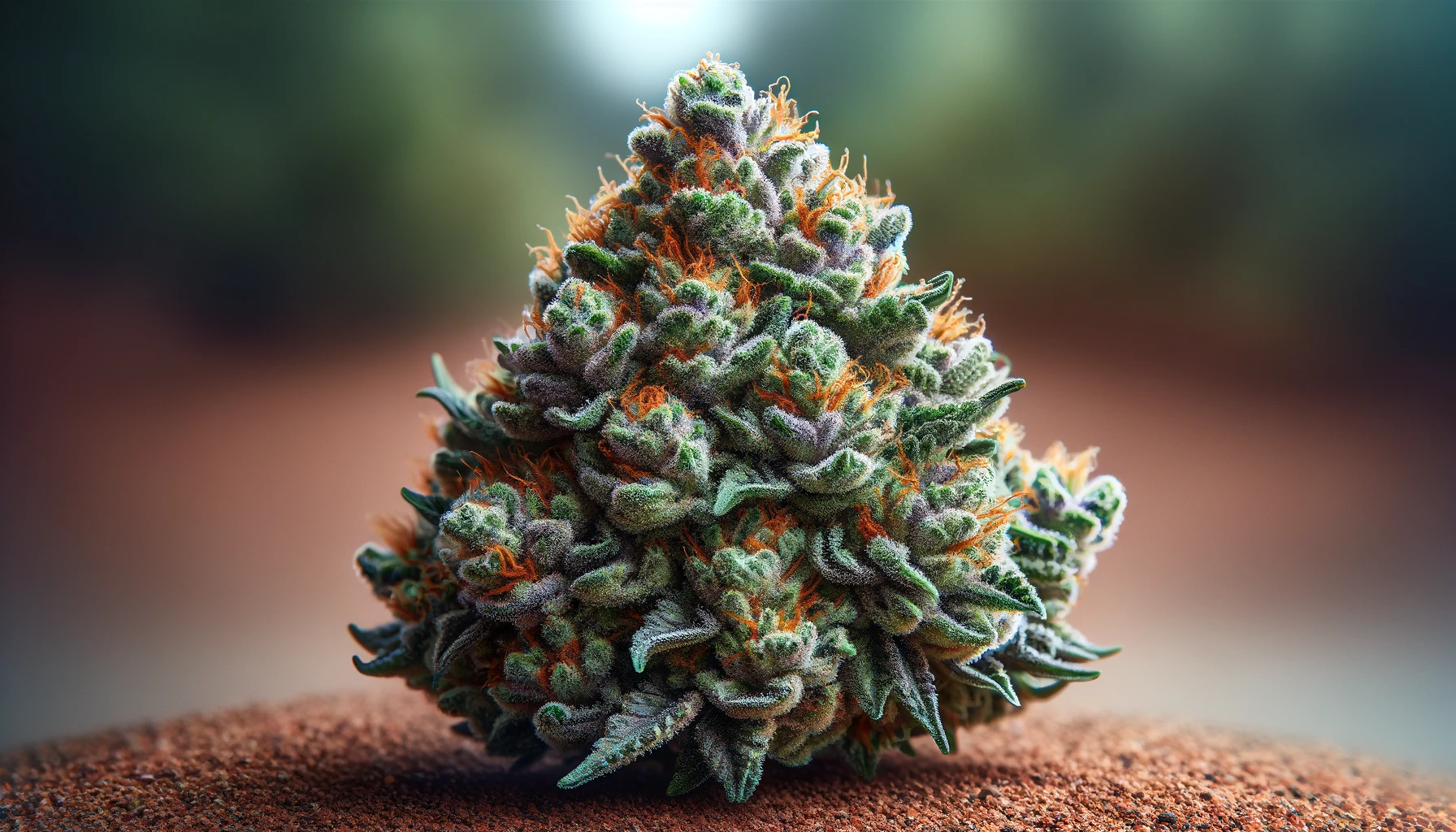 Close-up of a dense, frosty cannabis flower with orange pistils and green leaves against a softly blurred background.