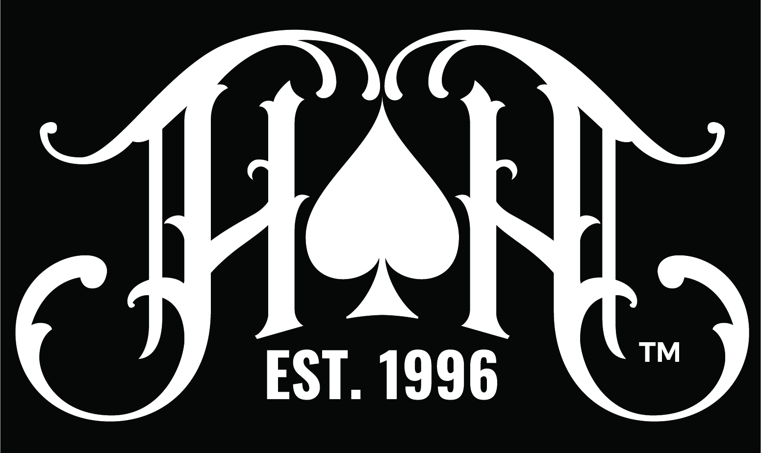 Stylized white logo featuring ornate letters H and A with a spade symbol in the center and the text EST. 1996 on a dark background.