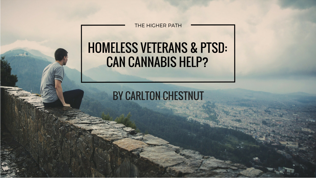 Article banner showing a man sitting on a stone wall overlooking a city and mountains, with the headline Homeless Veterans & PTSD: Can Cannabis Help? by Carlton Chestnut for The Higher Pat