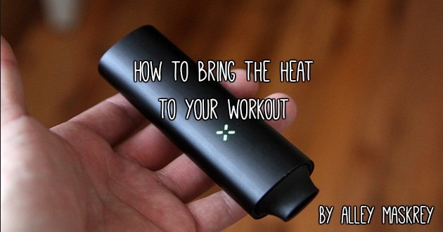 Hand holding a sleek black vape device with the text How to Bring the Heat to Your Workout by Alley Maskrey displayed over the image.