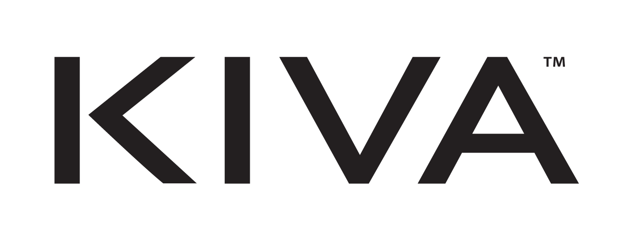 KIVA brand logo in dark gray lettering on a black background.