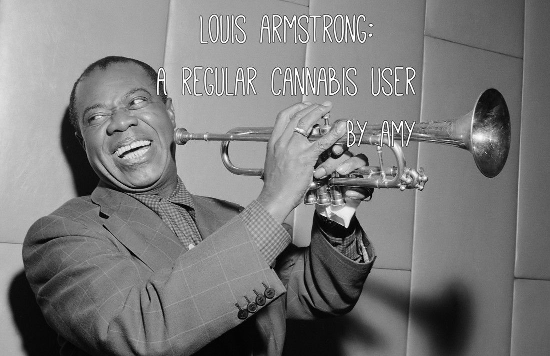 Black-and-white photo of a smiling jazz trumpeter playing a trumpet, with overlaid text reading A Regular Cannabis User and a byline credit, presented as an editorial article