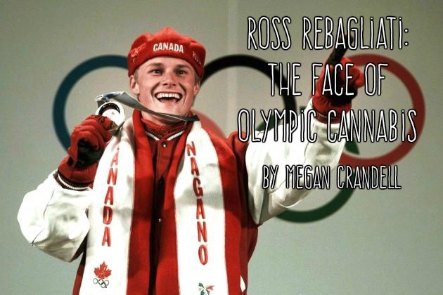 A smiling Ross Rebagliati wearing Team Canada Olympic gear and holding a gold medal, with text identifying him as The Face of Olympic Cannabis