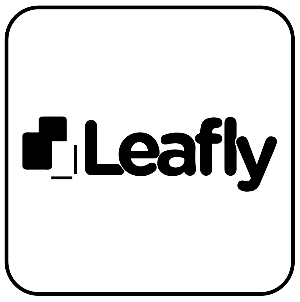 The word Leafly in bold black lowercase text next to a stylized icon of three overlapping squares, all enclosed in a rounded square border