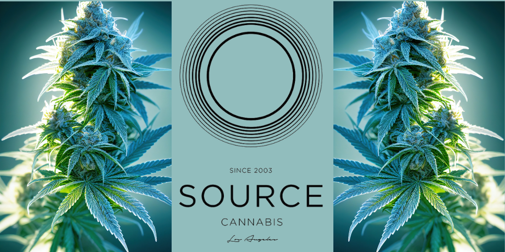 Promotional image for Source Cannabis featuring mirrored close-up cannabis plants on both sides and centered text reading ‘Since 2003 Source Cannabis Los Angeles.’