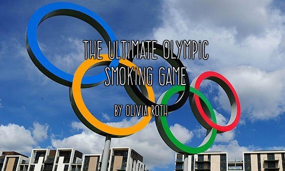 Photo of the Olympic rings sculpture against a blue sky, with overlaid text reading ‘The Ultimate Olympic Smoking Game’ and ‘By Olivia Roth.’