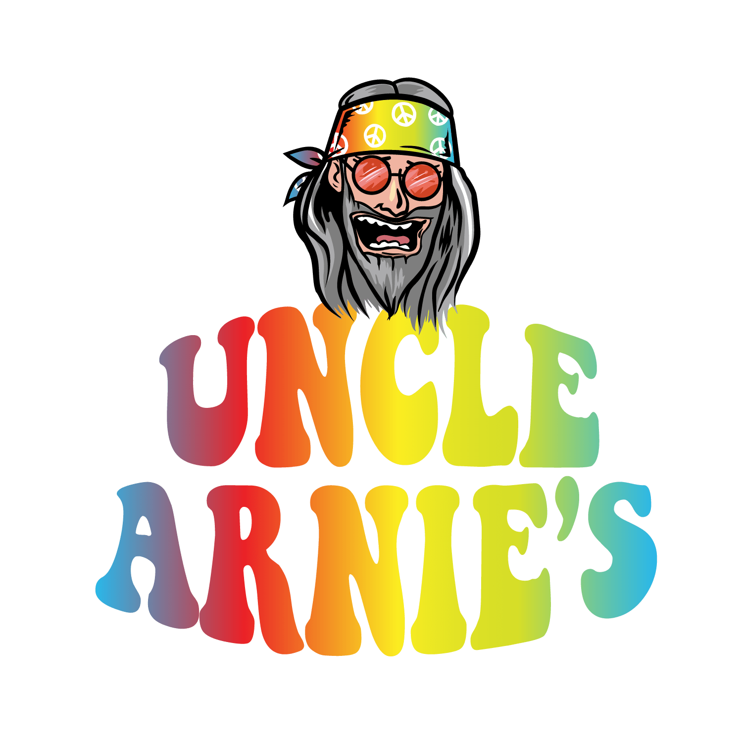 Psychedelic logo illustration of a smiling, long-haired bearded man wearing round tinted sunglasses and a rainbow peace-sign bandana above the text ‘UNCLE ARNIE’S’ in bold, rainbow-gradient letters on a black background.