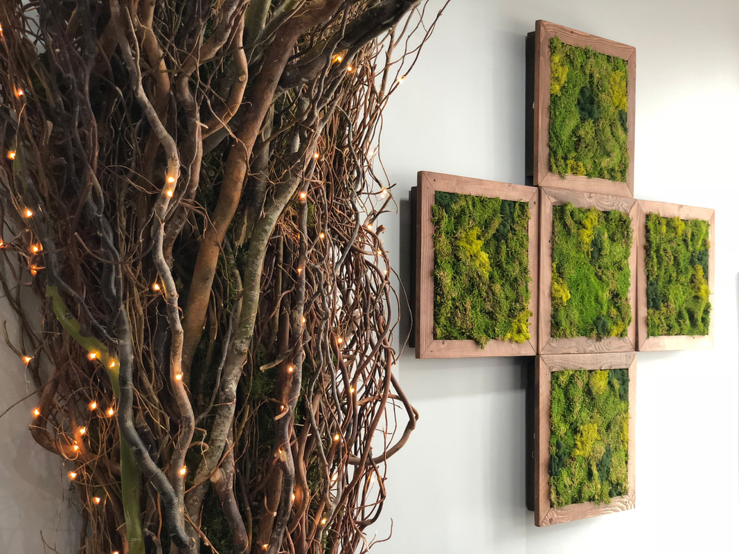 Wall decor featuring intertwined natural branches with small string lights alongside framed green moss panels arranged in a cross shape.