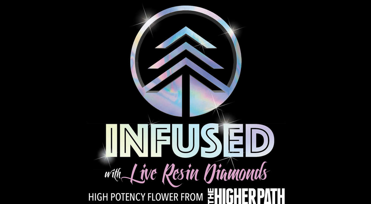 Black promotional graphic featuring an iridescent circular logo above bold text reading ‘INFUSED with Live Resin Diamonds,’ and smaller text stating ‘High Potency Flower from The Higher Path.’