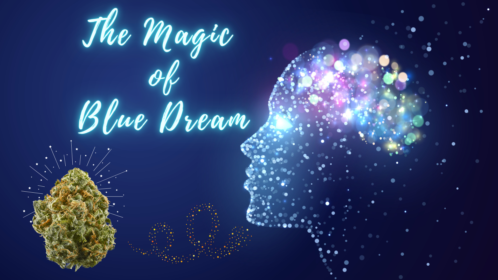 Graphic illustration with glowing text reading ‘The Magic of Blue Dream,’ showing a luminous, star-filled human profile with a sparkling brain on a dark blue background, alongside a cannabis bud with decorative light effects.