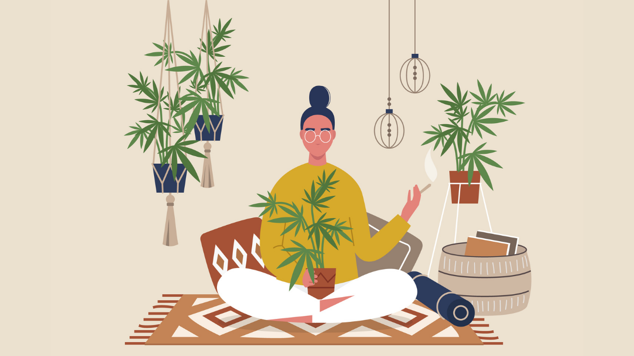 Illustration of a person sitting cross-legged indoors, holding a cannabis plant and a lit joint, surrounded by potted cannabis plants and hanging decor in a calm, minimalist setting.