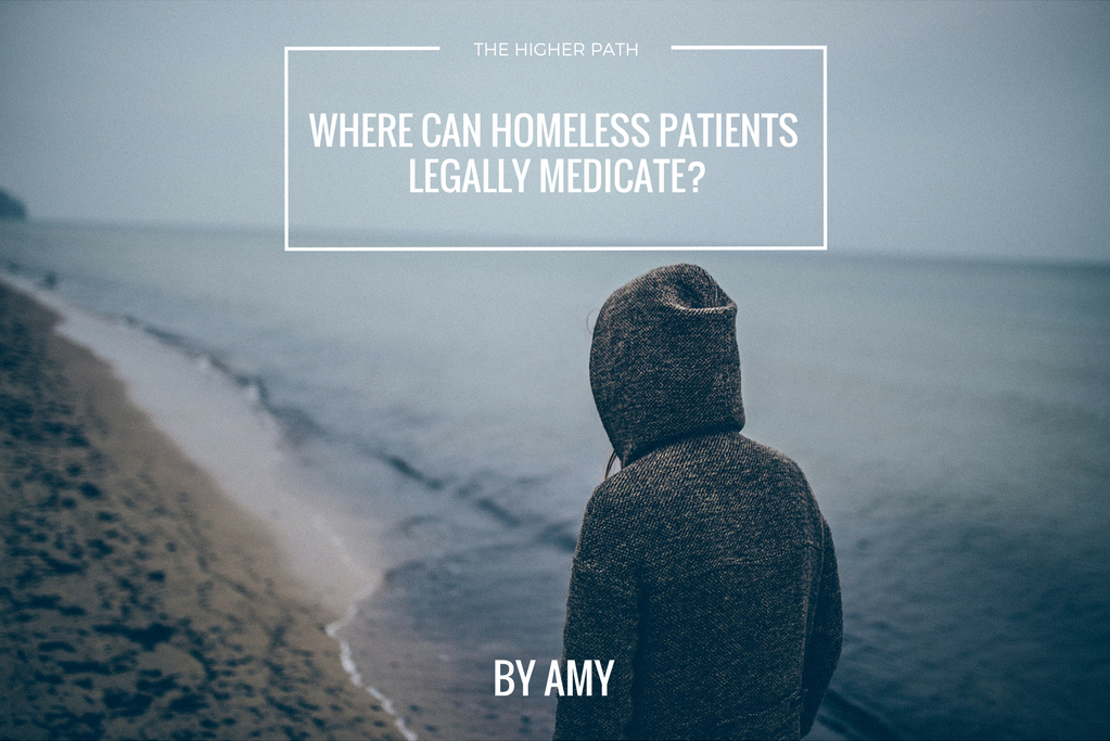Photo of a hooded person standing on a beach facing the ocean, with muted gray-blue tones, overlaid with the text The Higher Path: Where Can Homeless Patients Legally Medicate? and By Amy.