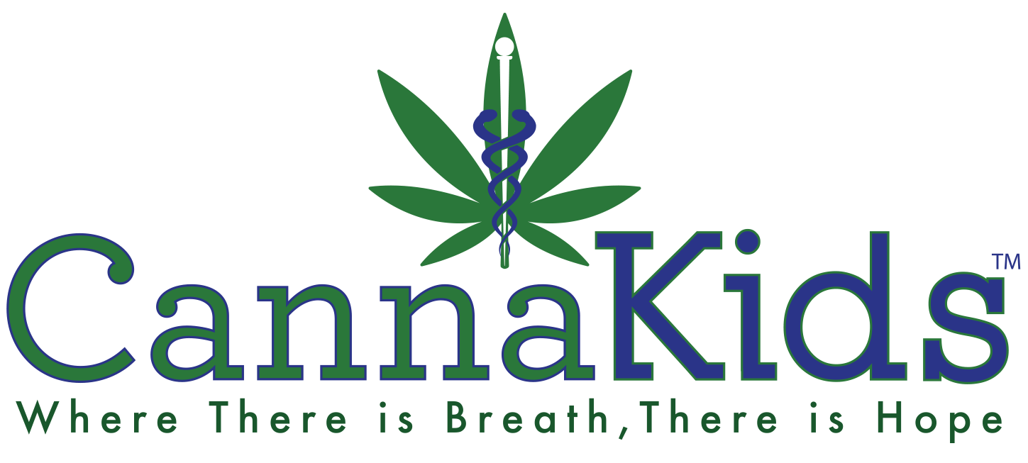 CannaKids logo featuring a green cannabis leaf with a medical caduceus symbol above the word CannaKids and the tagline Where There is Breath, There is Hope on a black background.