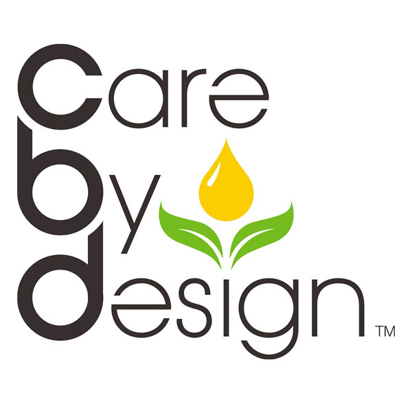 Care By Design logo featuring the text Care by Design with a yellow oil drop and green leaf icon.