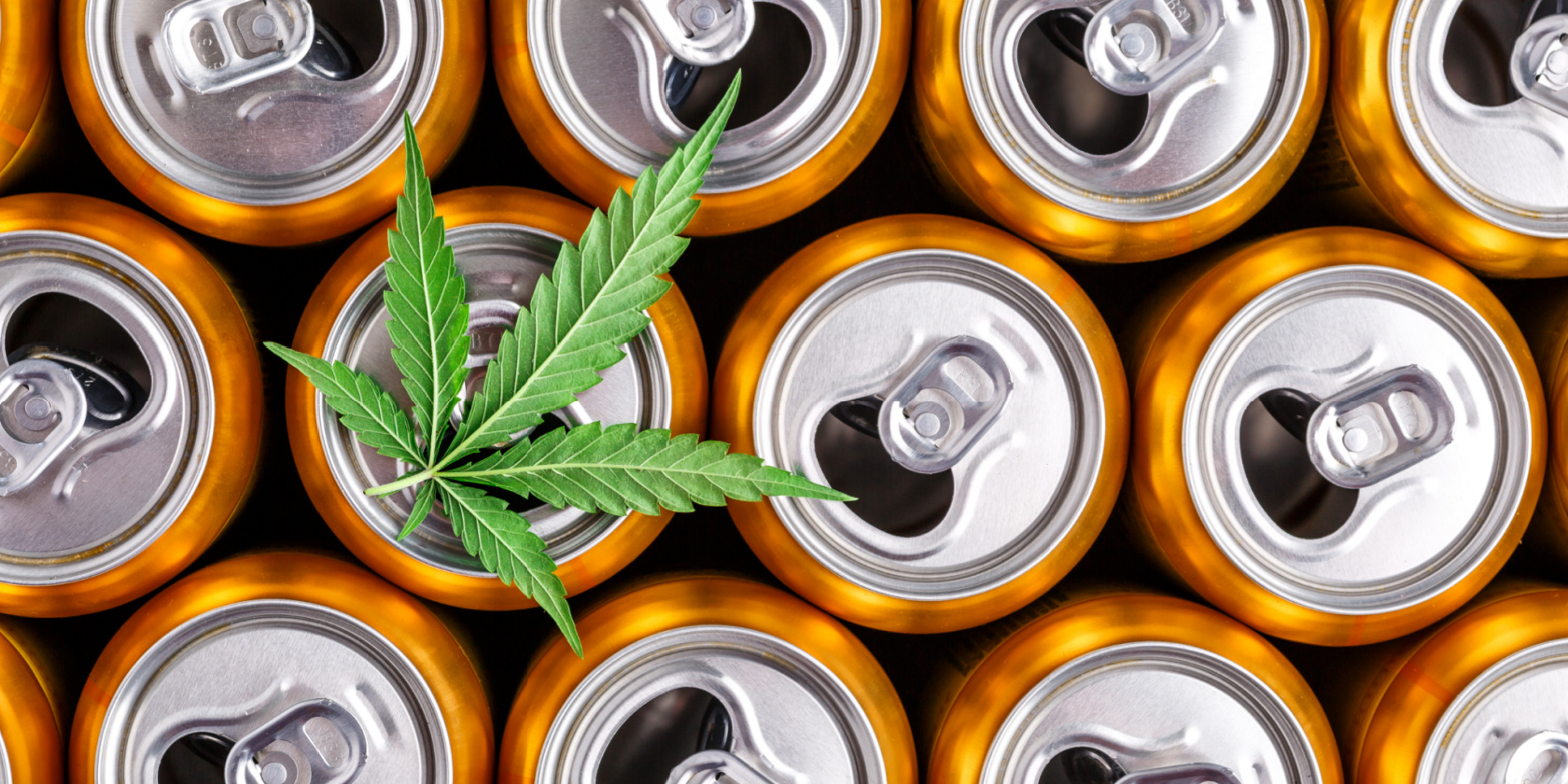 Top-down view of beverage cans arranged in a grid, with a green cannabis leaf placed on top of one can.