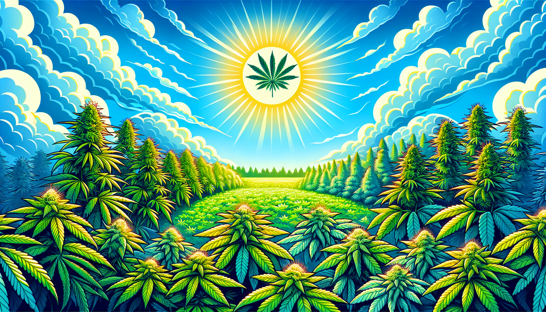 Colorful illustration of a cannabis field with rows of mature plants under a bright sun featuring a cannabis leaf, set against a blue sky with dramatic clouds.