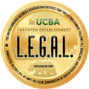 Gold circular UCBA certification seal reading Certified Establishment L.E.G.A.L. indicating compliance with cannabis business guidelines.