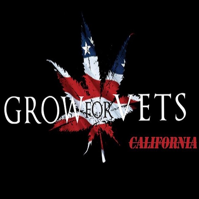 Grow for Vets California logo featuring a cannabis leaf styled with the American flag on a black background.