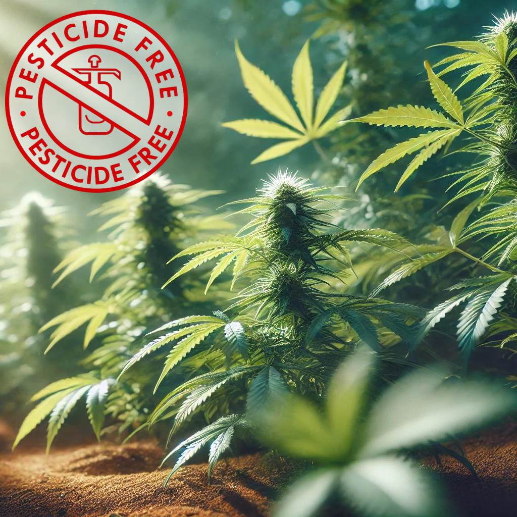 Lush green cannabis plants growing in a sunlit field with a red circular Pesticide Free seal overlaid in the upper left corner.