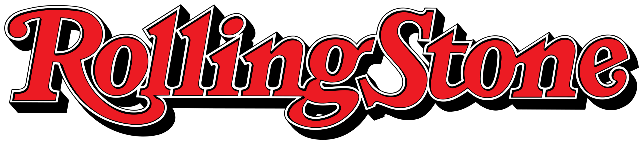 The iconic Rolling Stone magazine logo in bold red cursive letters with a black drop shadow against a light gray background.