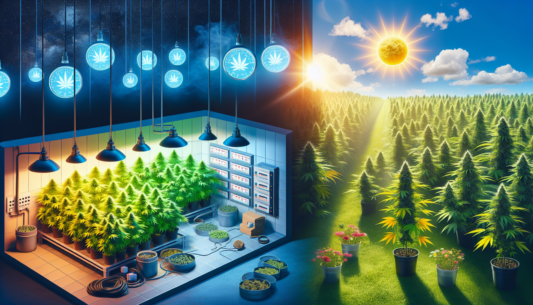 Illustration comparing indoor cannabis cultivation under artificial grow lights with outdoor cannabis plants growing in sunlight in a large field.