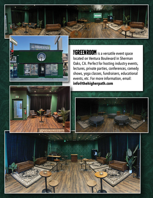 Collage showcasing The Green Room event space at The Higher Path, including interior lounge seating, flexible event layouts, podium and presentation area, and the exterior storefront on Ventura Boulevard in Sherman Oaks, California.