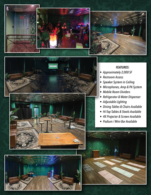 Collage of The Green Room event space at The Higher Path highlighting lounge seating, open floor layouts, lighting setups, and a feature list for hosting events and presentations.