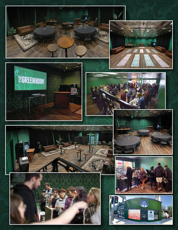 Collage of The Green Room event space at The Higher Path, showing lounge seating, yoga and presentation setups, and groups attending a cannabis event.